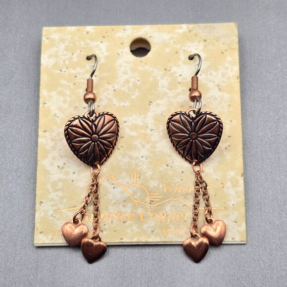 Wheeler Heart-Shaped Copper Dangle Earrings 2" Chain Fringe w/ Hearts Southwest - Picture 1 of 4
